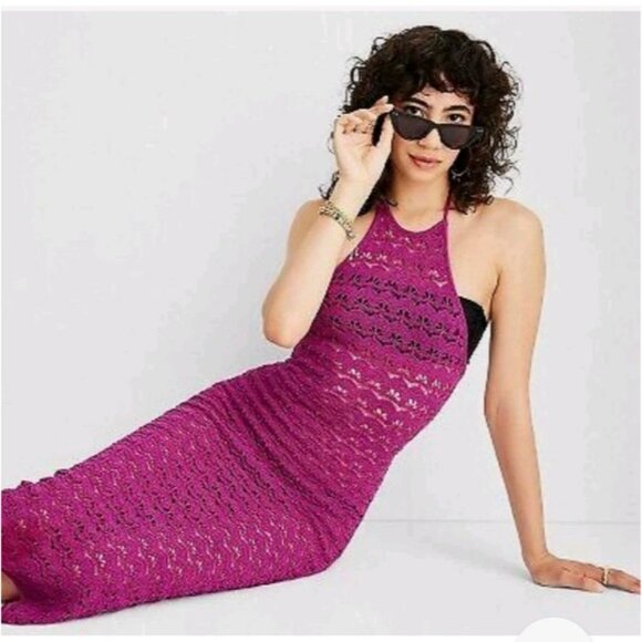 Womens 1X Crochet Halter Midi Bodycon Dress Tie Back In Magenta Sexy Beach - Picture 2 of 11